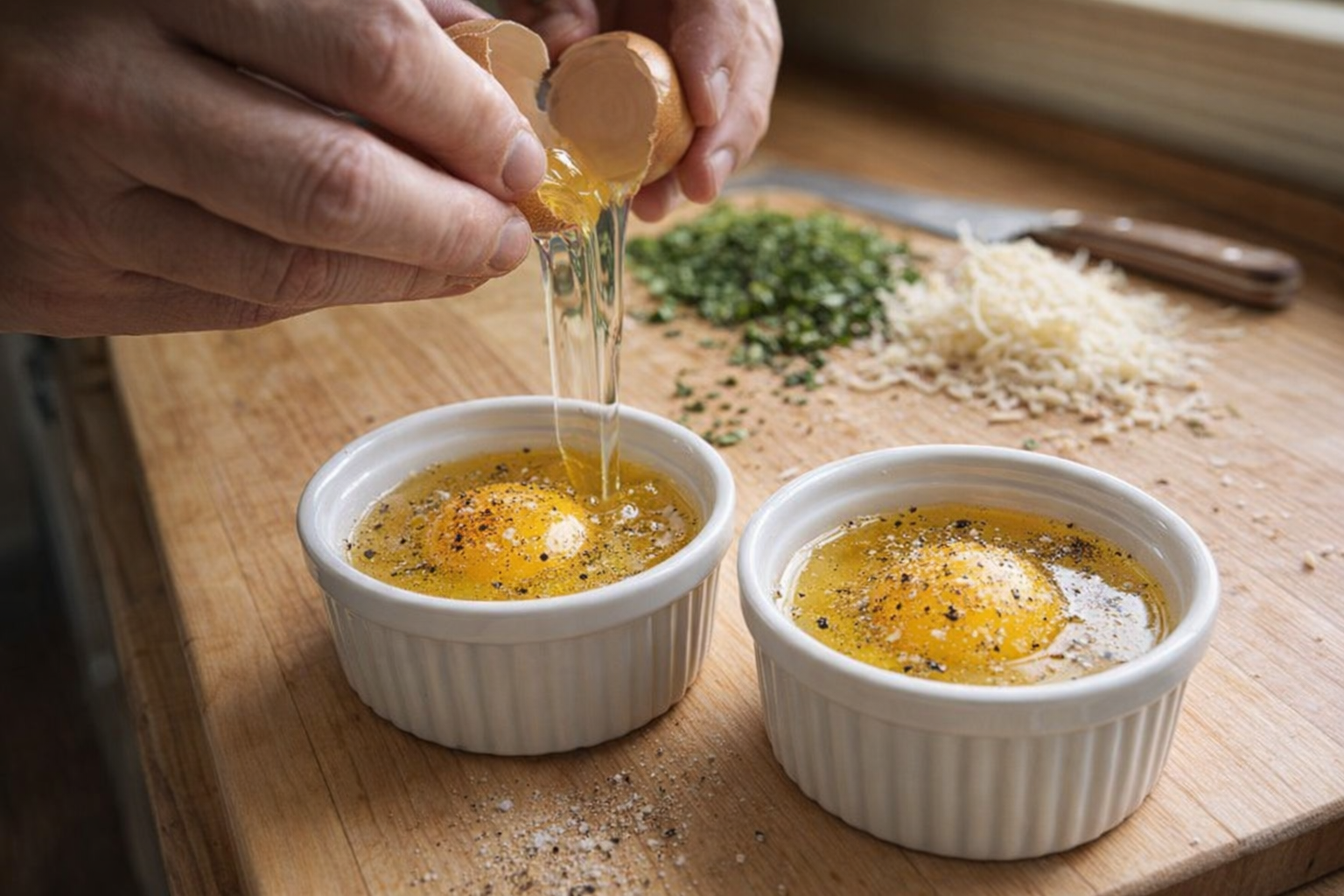A close-up shot of eggs being cracked into ramekins, seasoned with salt and pepper, with chopped herbs and cheese on a cutting board in the background, bright kitchen lighting